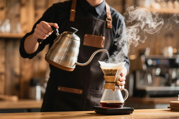 A barista in an apron pours steaming hot water from a gooseneck kettle to make fresh pour-over drip coffee.
