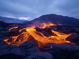 Obraz premium Fiery Lava Flow from Volcano at Night in Icelandic Landscape