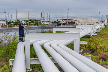 Male worker inspection at steel long pipes and pipe elbows inthe  station oil factory during refinery valve of visual check record pipeline tank oi