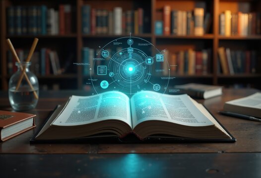 Open book with a glowing digital interface symbolizes knowledge, technology, and innovation in education, research, or business.