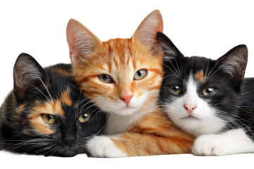Playful cats grouped in a cozy indoor studio photography setup. Isolated on transparent background, png.
