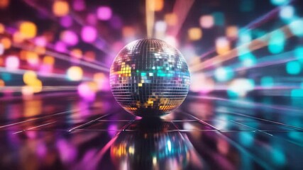 Disco ball colorful light dance floor party retro shiny vibrant celebration nightlife festive atmosphere with glowing reflections, energetic mood, joyful music, illuminated sparkling event - Powered by Adobe