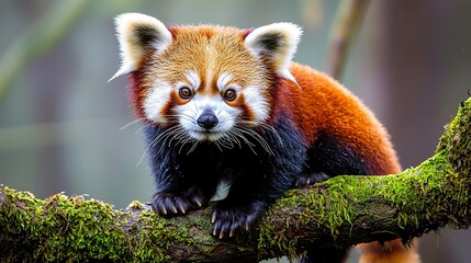 Fototapeta premium Red panda perched on a mossy branch, gentle expression, misty forest, unique