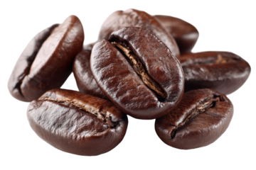 Coffee beans close-up studio food photography natural light. Isolated on transparent background, png.