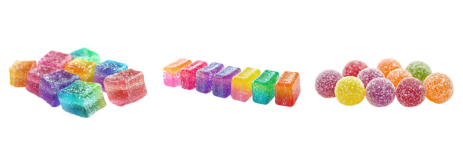 A collection of rainbow-colored candies with a shiny, sparkling sugar coating, isolated on a transparent background. PNG