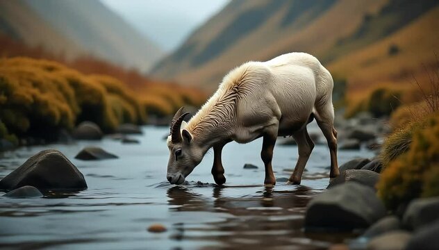 Mouflon drinking from a mountain stream