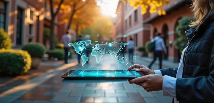A woman holding a tablet displaying a holographic world map, set in a sunny urban environment, blending technology and nature.
