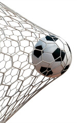 Fototapeta premium Black and white soccer ball caught in hexagonal net against white background football goal