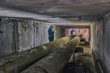 Male worker inspection of rusted steel pipe, underground steel deterioration, widespread corrosion, and confined spaces
