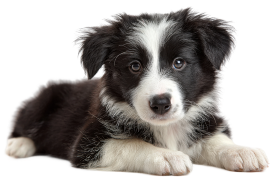Close-up indoor photography of playful border collie puppy. Isolated on transparent background, png.