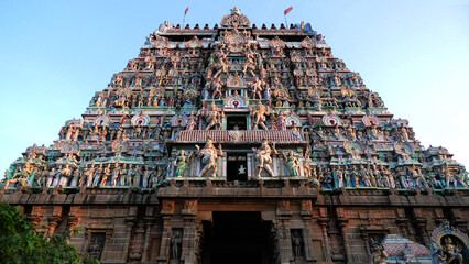 A gateway tower full of colorful carvings at Nataraja Temple, Chidambaram, Tamil Nadu, India