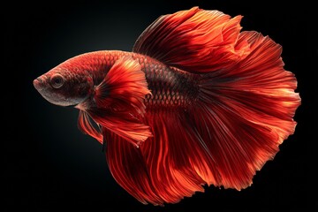 Fototapeta premium Vibrant Red Betta Fish with Flowing Fins on Black Background
