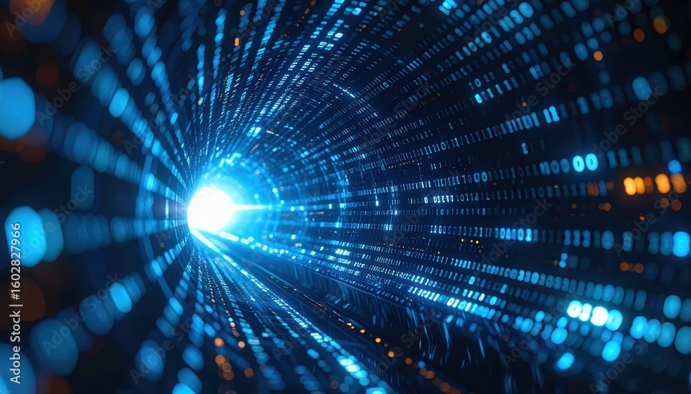 Poster abstract digital data tunnel with bright light in the distance surrounded by glowing blue and orange