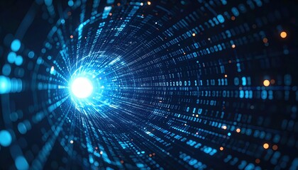 Fototapeta premium Vibrant Digital Data Stream Visualization Showing Bright Light Center with Dynamic Lines and Binary Code in Motion for Technology and Data Concept