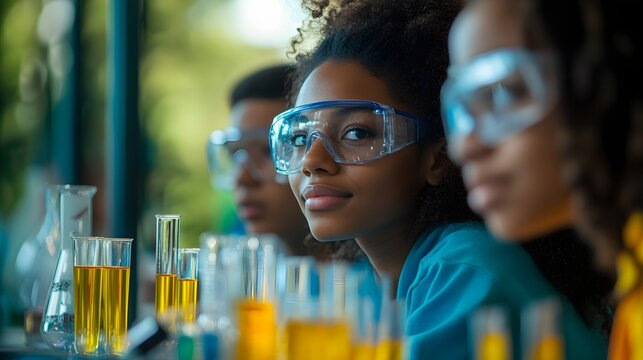 Modern studies theme featuring students engrossed in a science experiment. Safety goggles protect them as they work with beakers and test tubes. Yellow liquid adds visual interest. - Powered by Adobe