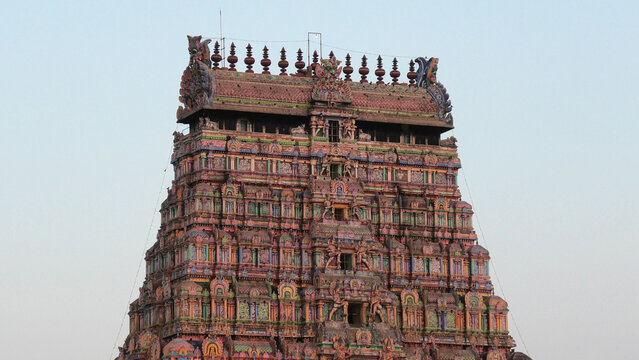 The closeup of a gateway tower full of colorful carvings at Nataraja Temple, Chidambaram, Tamil Nadu, India