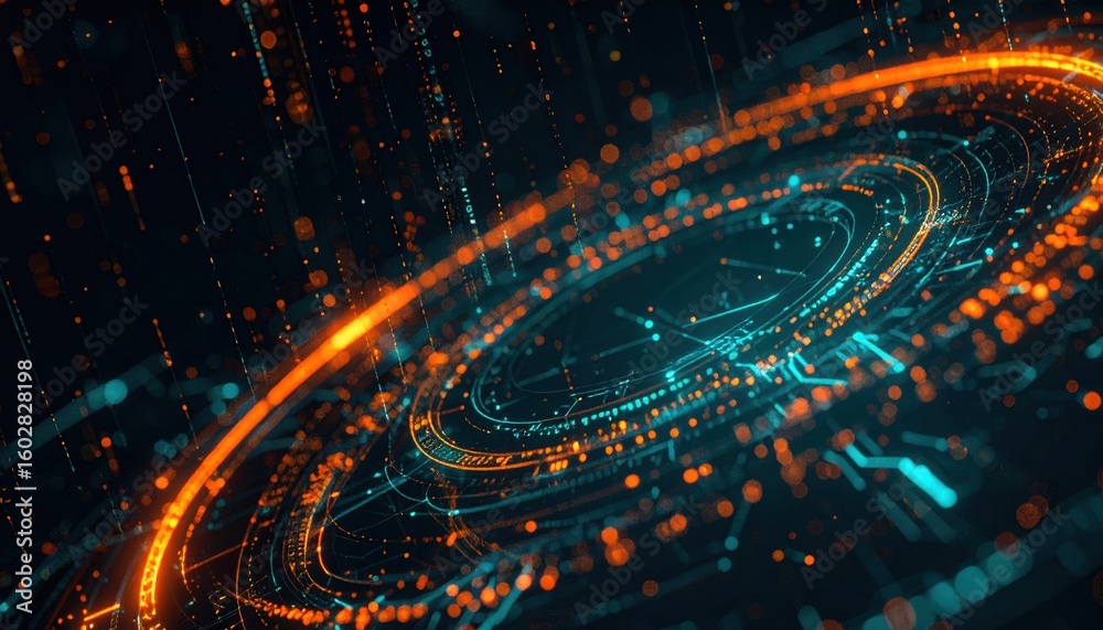 Poster abstract futuristic digital technology design with glowing circular patterns and dynamic lighting ef