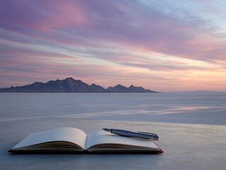 Open journal rests on a surface overlooking a calm body of water at sunset, mountains in the distance, a pen lies atop the open pages. The scene is peaceful and evokes creativity and reflection