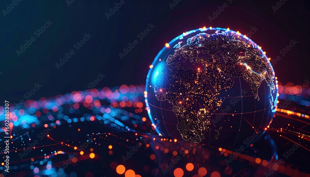 Poster futuristic digital globe showing connectivity and global network data visualization with illuminated