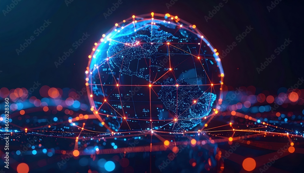 Poster futuristic digital globe with interconnected luminous lines and nodes representing global connectivi
