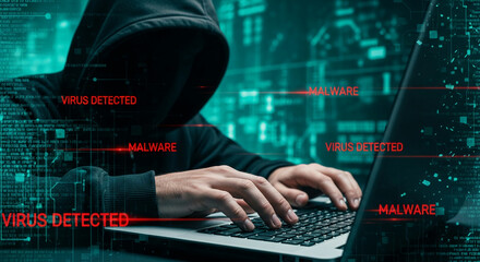 Hooded figure's hands typing on laptop, teal digital background displays "Malware" and "Virus Detected," symbolizing cybercrime and digital threats