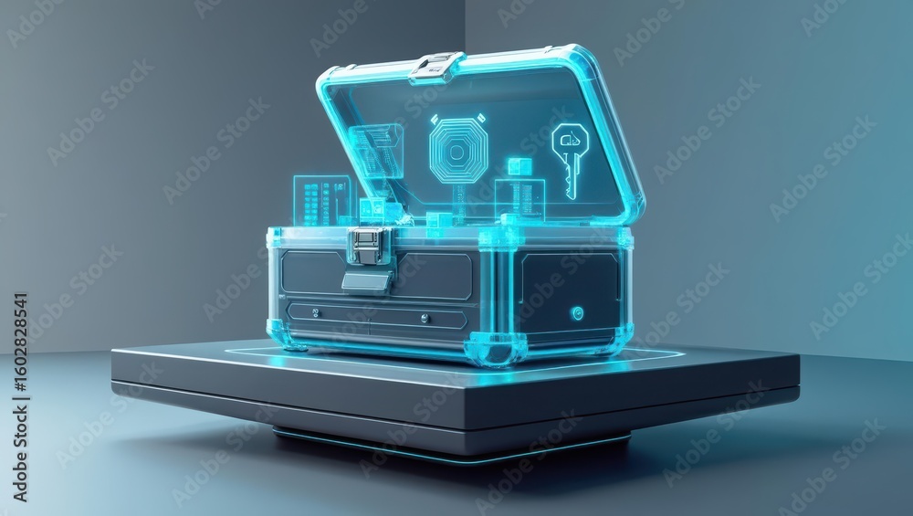 Poster futuristic holographic image of a data storage chest with digital interface icons projecting from it