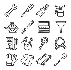 Safety equipment icons: helmets, gloves, boots, cones, vests, radios, headphones