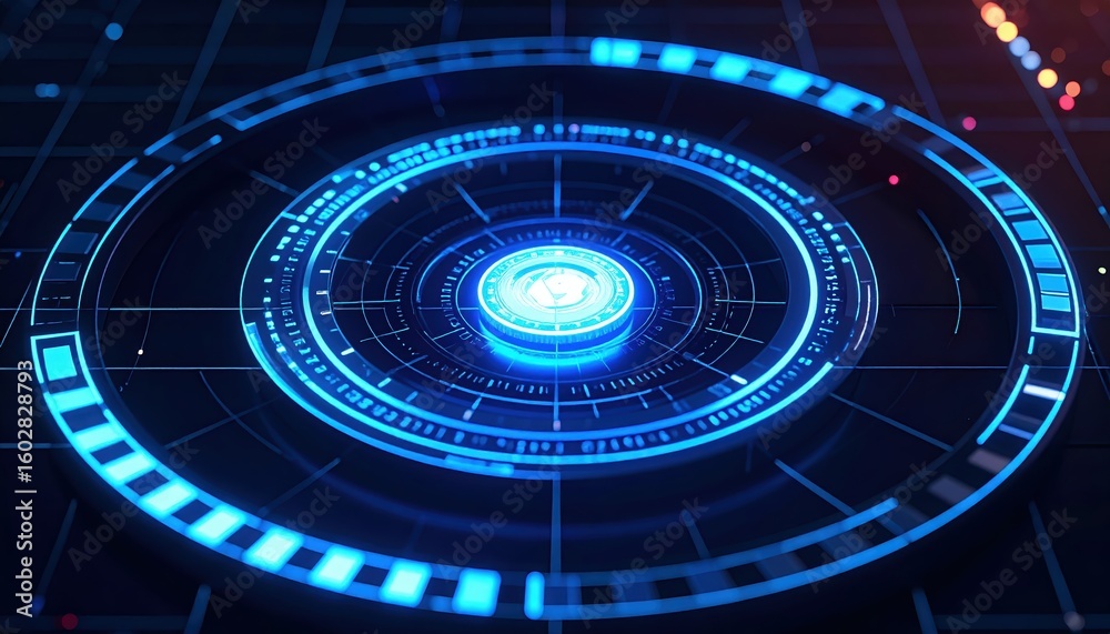 Poster futuristic digital interface with glowing circular elements and high-tech hud design for advanced te