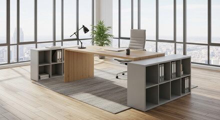 Modern office interior showcase featuring a wooden desk, grey storage units, and a city view from large windows, representing productivity and success in business