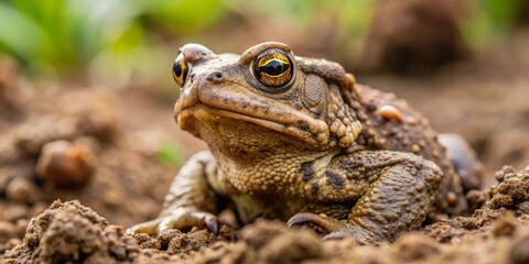 Fototapeta premium Close-up of a toad with golden eyes, nestled in rich brown earth, basking in soft sunlight.