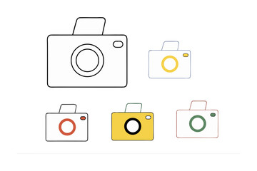 A collection of hand drawn cartoon cameras in various sizes and colors showcasing a simple and playful artistic style
