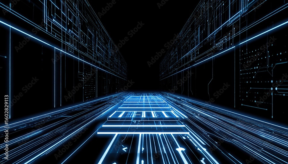 Poster futuristic digital tunnel with glowing blue neon lines and grid pattern creating an immersive high-t
