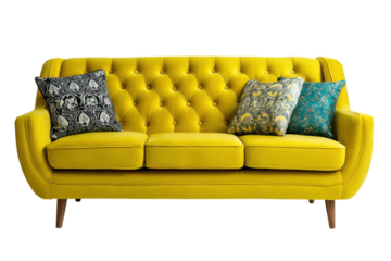 Modern design cozy living room with bright yellow sofa side view. Isolated on transparent background, png.