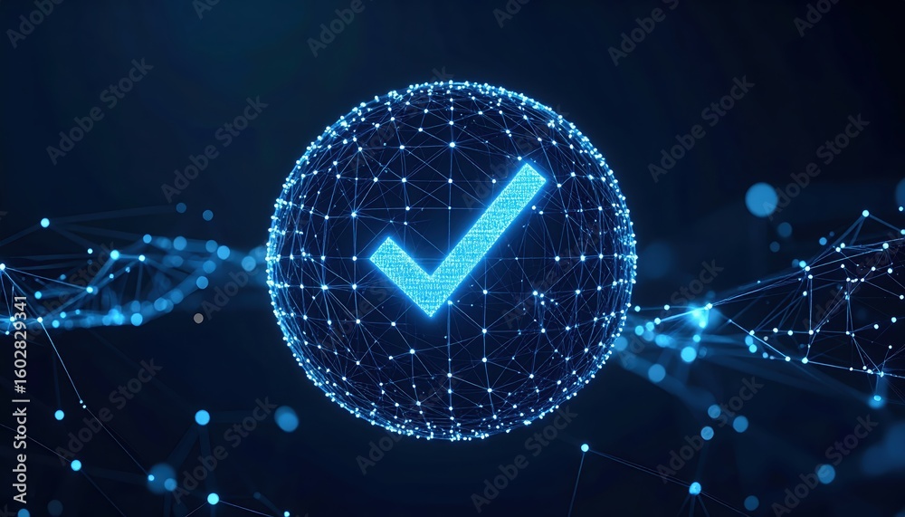 Poster digital globe with connected network lines and a bright checkmark symbol representing technology sec