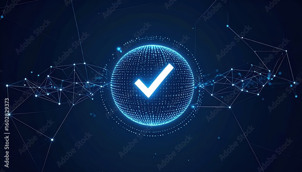 Poster digital checkmark icon in a futuristic technology network with glowing lines and data points represe