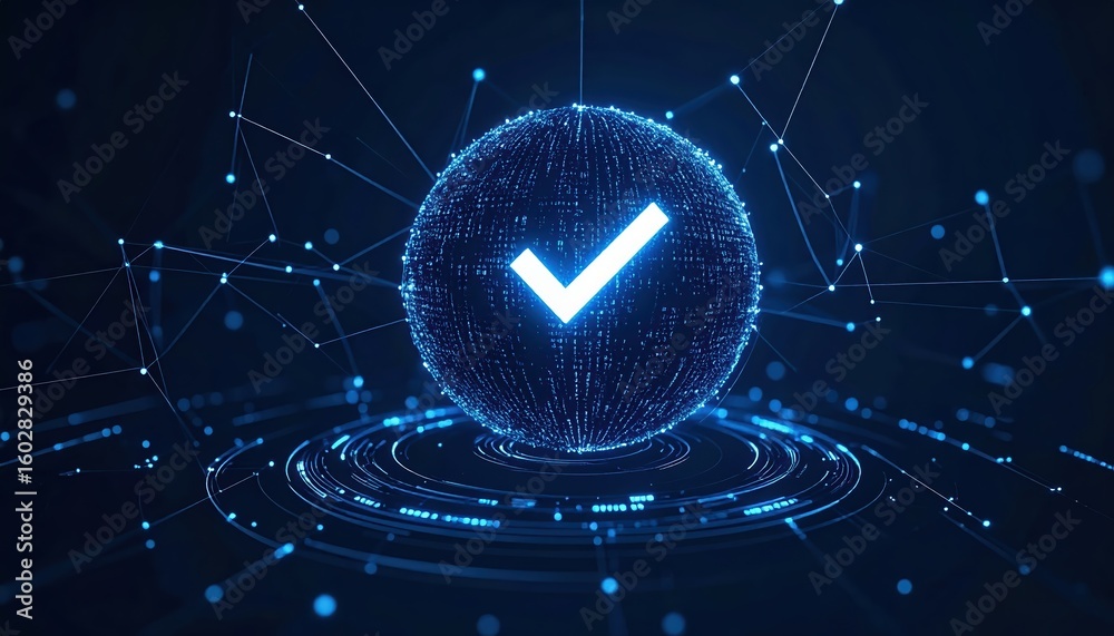 Poster high tech digital security concept with glowing check mark inside a complex network sphere represent