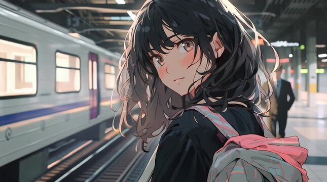 stylish anime girl with dark hair waits at train platform, surrounded by soft tones and peaceful station background. ideal for posters, web comics or transport themed content