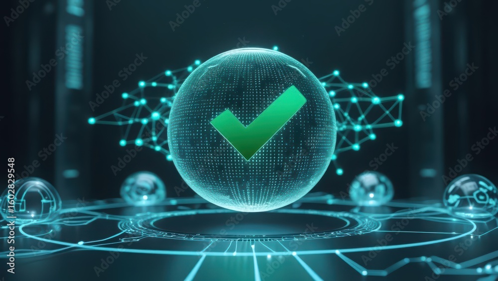 Poster futuristic digital globe with checkmark symbol surrounded by interconnected data nodes highlighting 