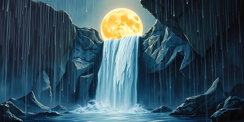 Surreal Fantasy Waterfall Flowing Into Glowing Moon with Rain