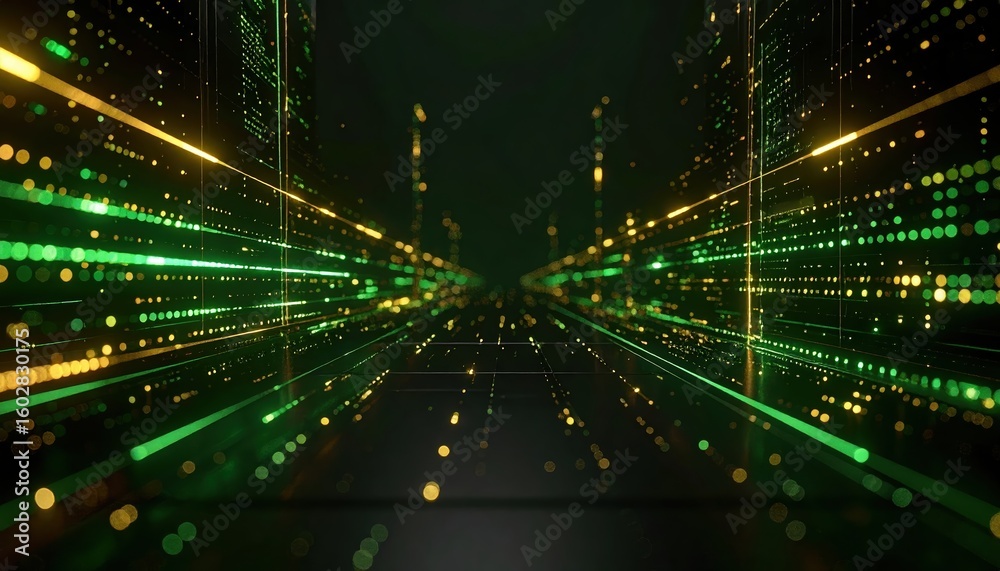 Poster futuristic digital data stream visualization with glowing green and yellow lights in a high-tech env