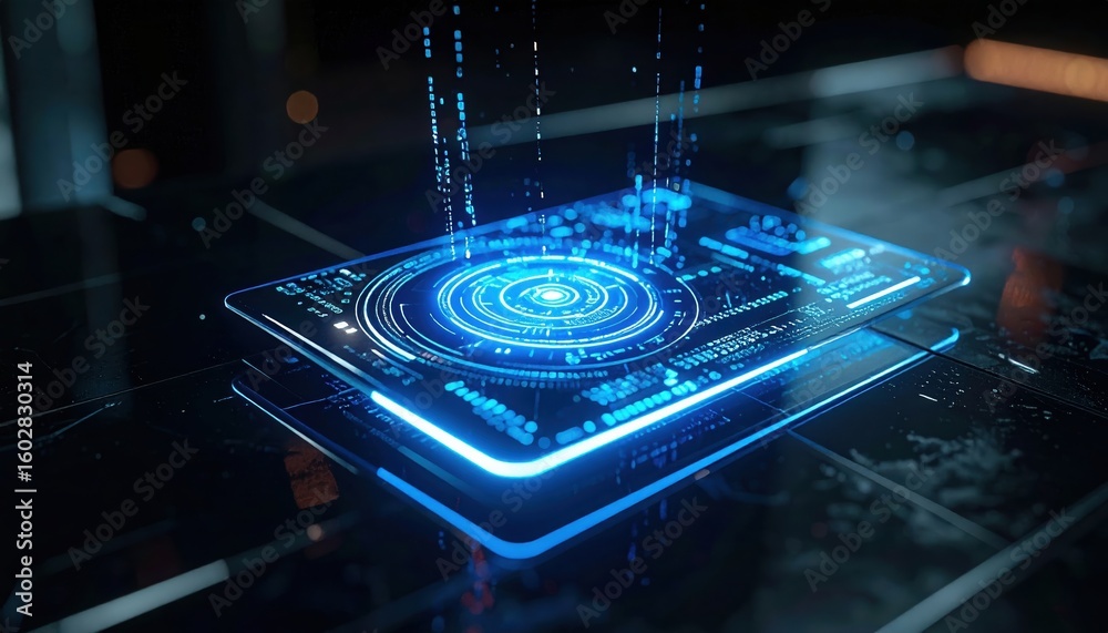Poster futuristic holographic user interface display with digital icons glowing on transparent screen for t
