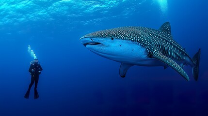 Fototapeta premium Whale shark swimming gracefully near diver, massive, peaceful, underwater interaction