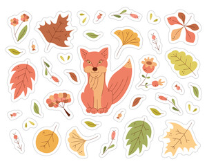 A set of stickers with a cute fox, leaves and berries. Color flat illustration.