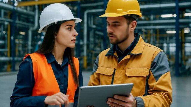 Woman man construction worker safety helmet vest tablet industrial teamwork as two industrial workers and engineers wearing safety helmets and reflective vests discuss project while reviewing