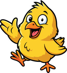 Cute cartoon baby chick waving, happy yellow chicken mascot character, adorable farm animal illustration, funny bird drawing for children vector