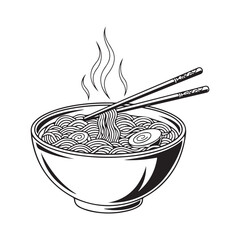 Black and white vector illustration of a hot ramen bowl with chopsticks, steaming noodles, and a traditional Japanese fish cake.