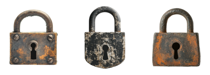 Collection of rusty old steel padlocks, metal symbols of security and safety, isolated on a transparent background. PNG