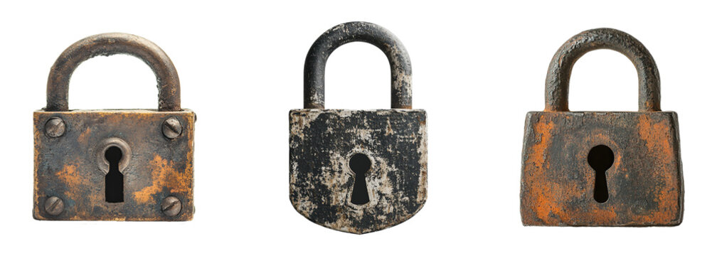 Collection of rusty old steel padlocks, metal symbols of security and safety, isolated on a transparent background. PNG - Powered by Adobe