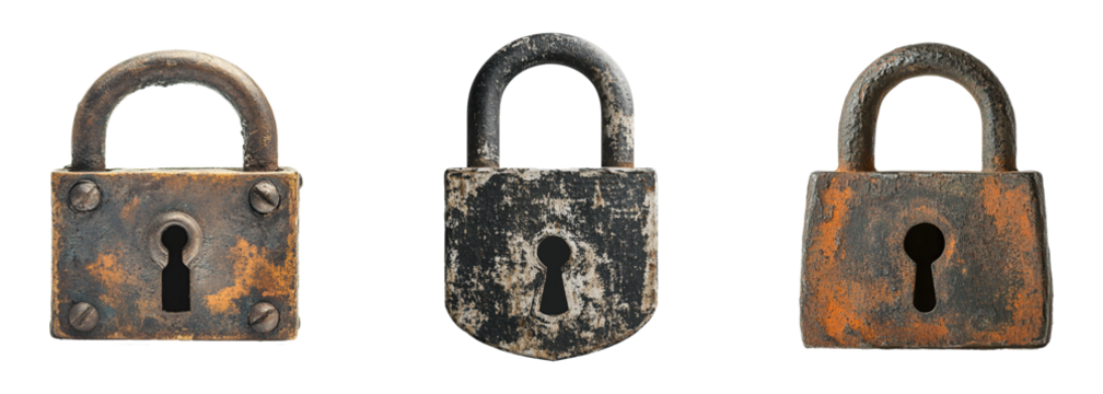 Collection of rusty old steel padlocks, metal symbols of security and safety, isolated on a transparent background. PNG