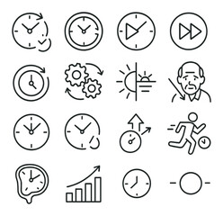 Time motion icon collection: simple linear clocks, stopwatch, gears, sunrise, running icons